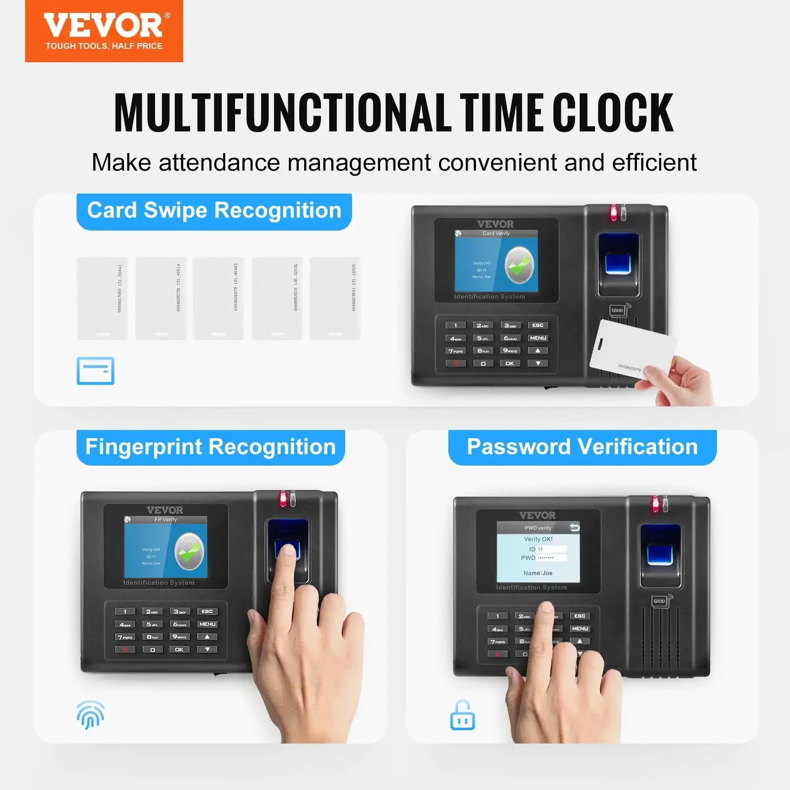 Time Clock, Employee Attendance Machine with Fingerprint, RFID and PIN Punching in One, Standalone Biometric Clock in Machine
Time Clock, Employee Attendance Machine with Fingerprint, RFID and PIN Punching in One, Standalone Biometric Clock in Machine