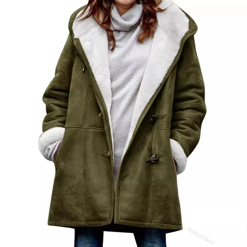 JY New long sleeved cow horn button women's mid to long length fleece warm jacket autumn and winter hooded fleece women's jacket
JY New long sleeved cow horn button women's mid to long length fleece warm jacket autumn and winter hooded fleece women's jacket