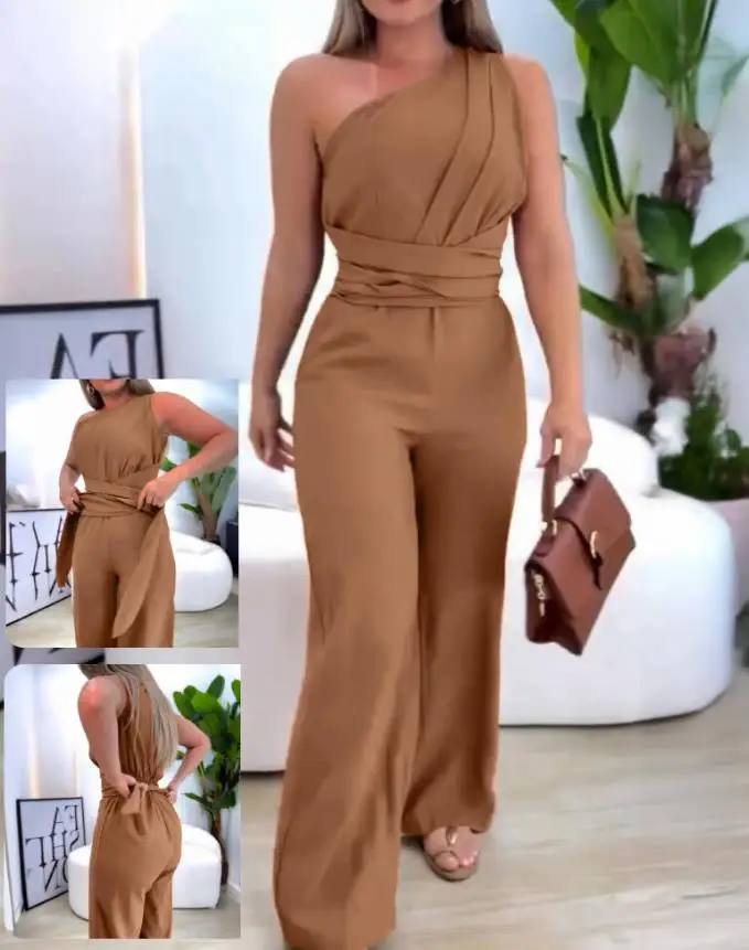 Elegant Jumpsuit Woman Fashion 2025 Summer Asymmetrical Neck Sleeveless Ruched Overalls Tied Strap Up High Waist Pants Jumpsuit
Elegant Jumpsuit Woman Fashion 2025 Summer Asymmetrical Neck Sleeveless Ruched Overalls Tied Strap Up High Waist Pants Jumpsuit