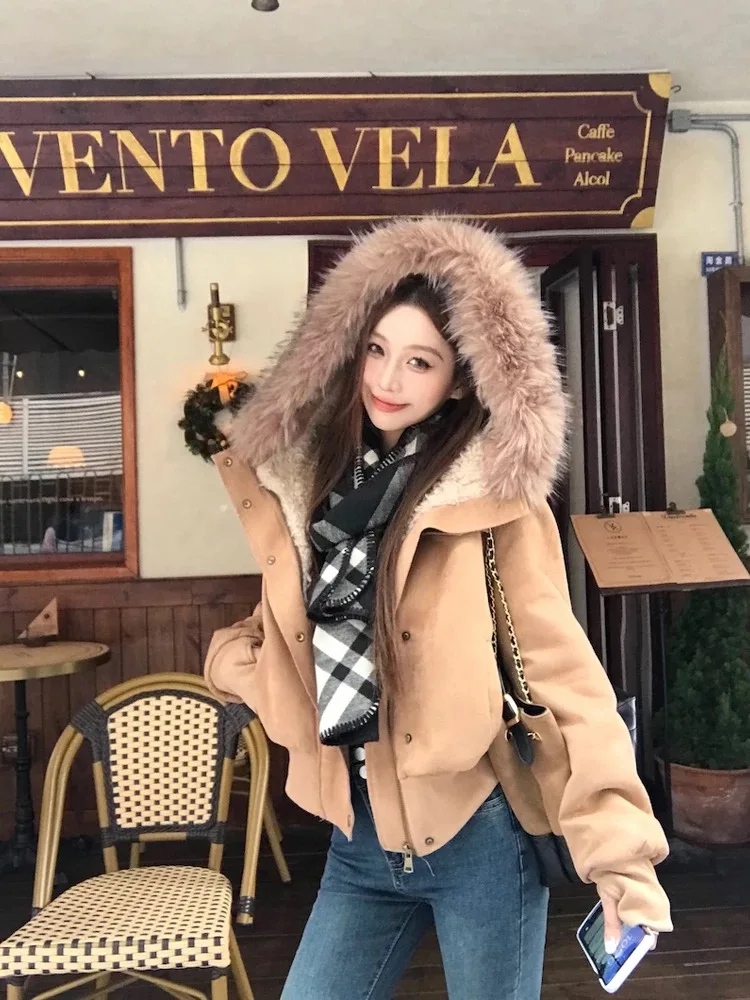 Brown Thickened Suede Jacket Women's Winter New Style Warm Coat Slim Cotton Top Fashionable Hooded Fur Collar Korean Version
Brown Thickened Suede Jacket Women's Winter New Style Warm Coat Slim Cotton Top Fashionable Hooded Fur Collar Korean Version