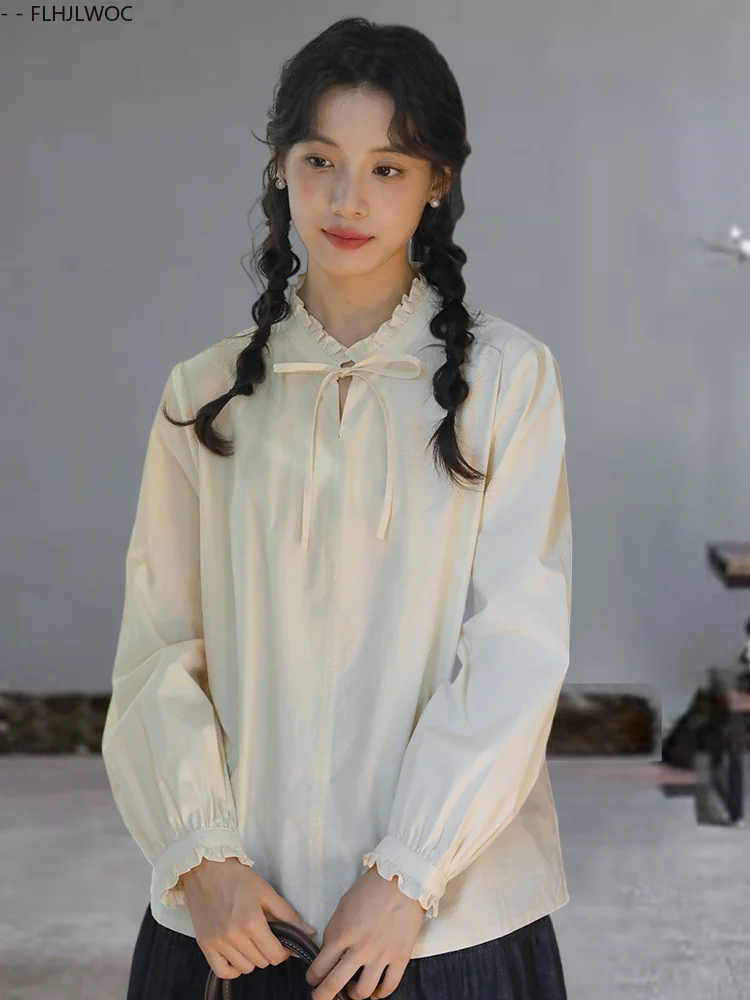 Милые хлопковые рубашки с оборками и воротником-стойкой, галстуком-бабочкой, топы, блузки, осень 2022, женские шикарные корейские японские базовые рубашки в консервативном стиле для девочек 
Милые хлопковые рубашки с оборками и воротником-стойкой, галстуком-бабочкой, топы, блузки, осень 2022, женские шикарные корейские японские базовые рубашки в консервативном стиле для девочек