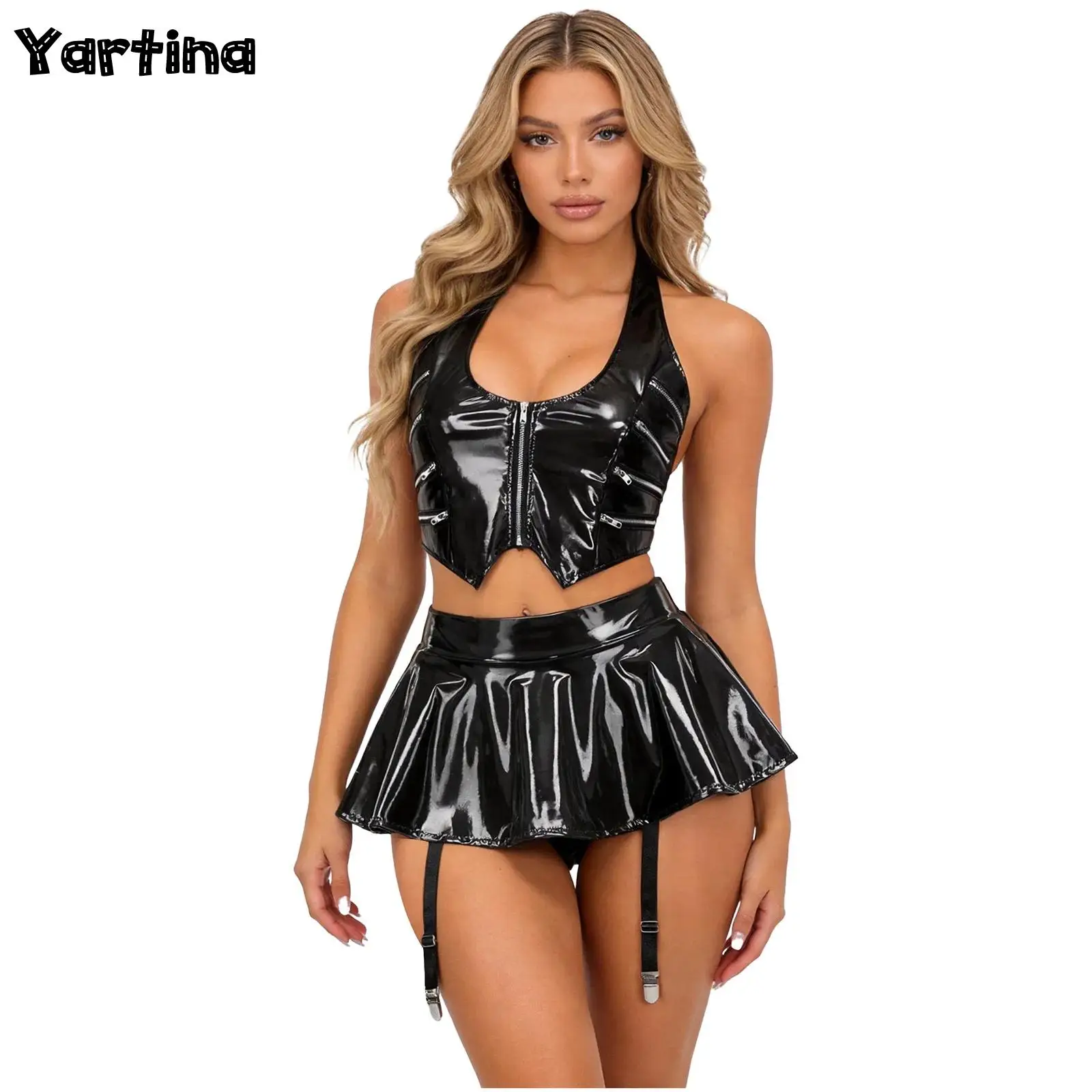 Womens Glossy PU Leather Latex Pole Dance Outfit Wet Look Rave Clubwear Zip Lace-up Crop Top And Miniskirt with Garter Clips Set
Womens Glossy PU Leather Latex Pole Dance Outfit Wet Look Rave Clubwear Zip Lace-up Crop Top And Miniskirt with Garter Clips Set