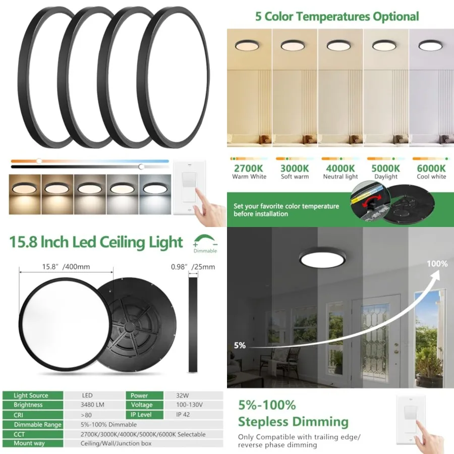 15.8 Inch Dimmable LED Flush Mount Ceiling Light, 32W, 3480LM, 3000K/3700K/4000K/5000K/6000K, Round Flat Panel Low Profile Ceil
15.8 Inch Dimmable LED Flush Mount Ceiling Light, 32W, 3480LM, 3000K/3700K/4000K/5000K/6000K, Round Flat Panel Low Profile Ceil