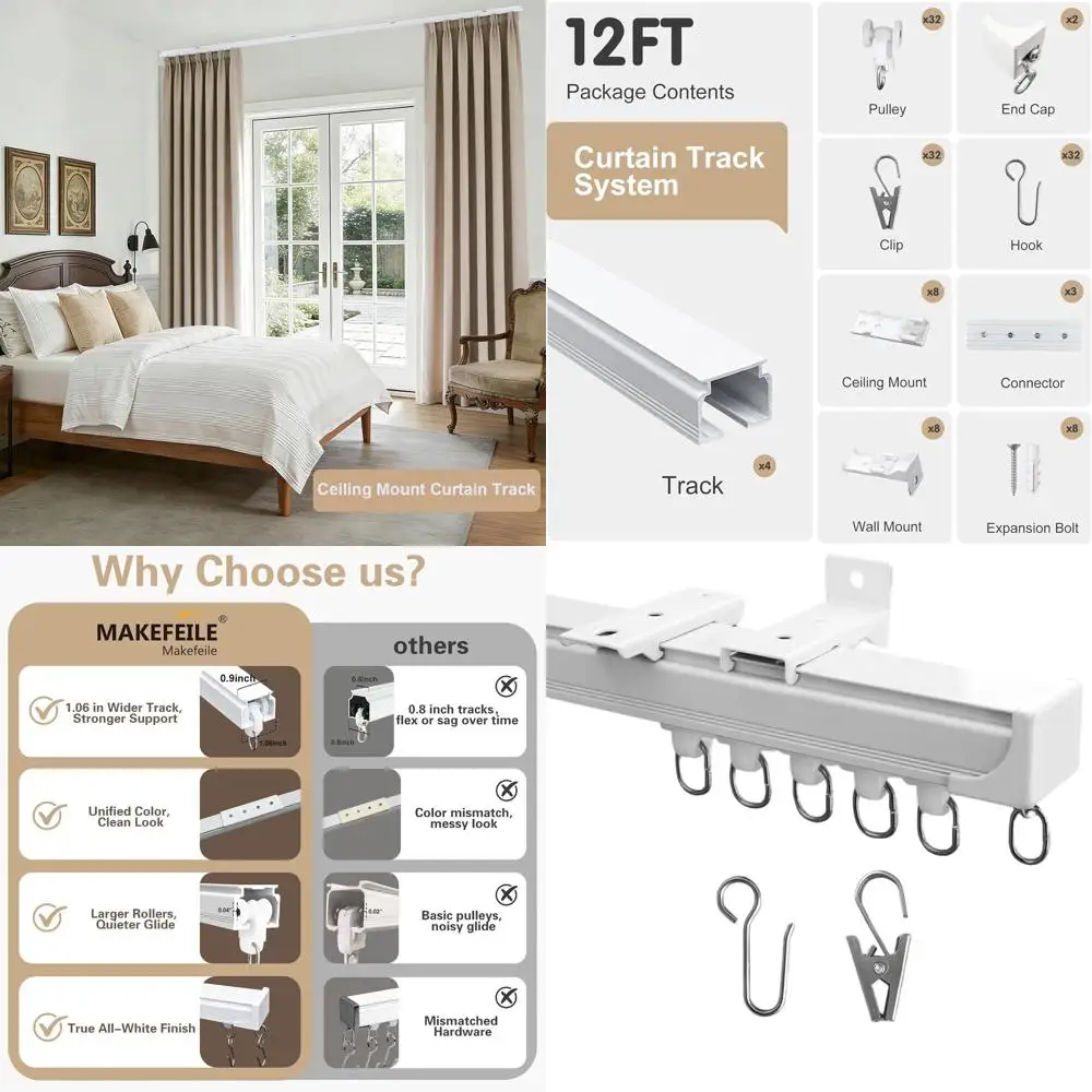Heavy-Duty Wall-Mounted Sliding Curtain Track System for Rooms, Living Spaces, and Outdoors, White, 9ft-12ft
Heavy-Duty Wall-Mounted Sliding Curtain Track System for Rooms, Living Spaces, and Outdoors, White, 9ft-12ft