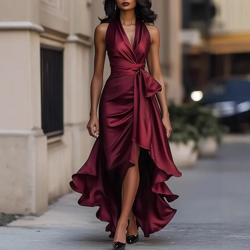 Cross Border European American Women's Spring and Summer Fashion Temperament V-neck Sleeveless Waist Cinched Ruffle Satin Dress
Cross Border European American Women's Spring and Summer Fashion Temperament V-neck Sleeveless Waist Cinched Ruffle Satin Dress
