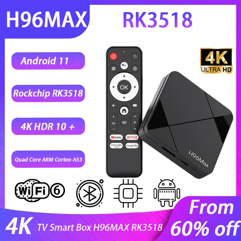 H96MAX RK3518 Smart TV Box Android14.0 4K@60fps WiFi6&BT5.4 Netflix Streaming Media Google Voice Set Top Box
H96MAX RK3518 Smart TV Box Android14.0 4K@60fps WiFi6&BT5.4 Netflix Streaming Media Google Voice Set Top Box
