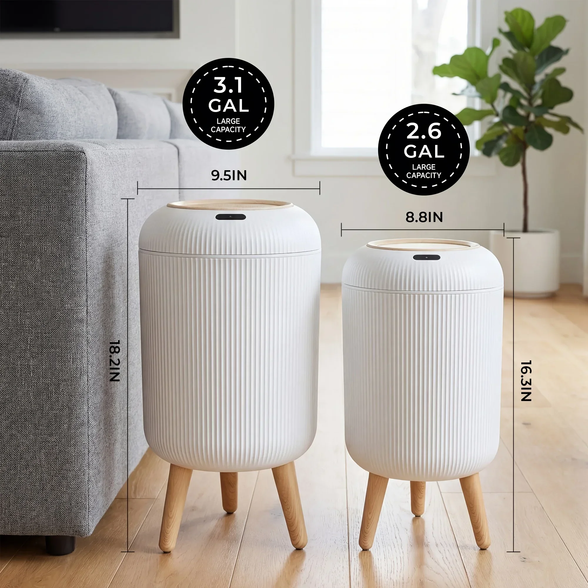 2-Pack Smart Sensor Trash Cans, 2.64gal & 3.17gal Automatic Touchless Waste Bins With Wooden Legs And Lid, Large Capacity Motion
2-Pack Smart Sensor Trash Cans, 2.64gal & 3.17gal Automatic Touchless Waste Bins With Wooden Legs And Lid, Large Capacity Motion