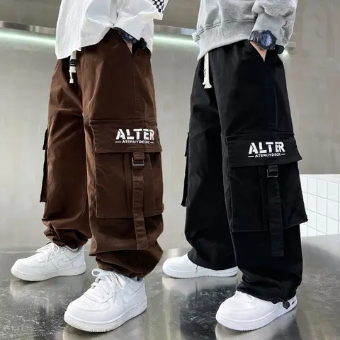 Luxury Tweens Child Cool Brown Cargo Pants with Side Pocket for Boy Loose Fit Sporty Drawstring Trousers Kids Hiphop Sweatpants