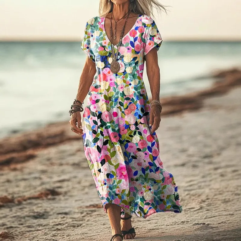 Women Floral Print Casual V Neck Short Sleeve Dress For Spring Summer Daily Wear Artistic Design Comfortable Lightweight
Women Floral Print Casual V Neck Short Sleeve Dress For Spring Summer Daily Wear Artistic Design Comfortable Lightweight