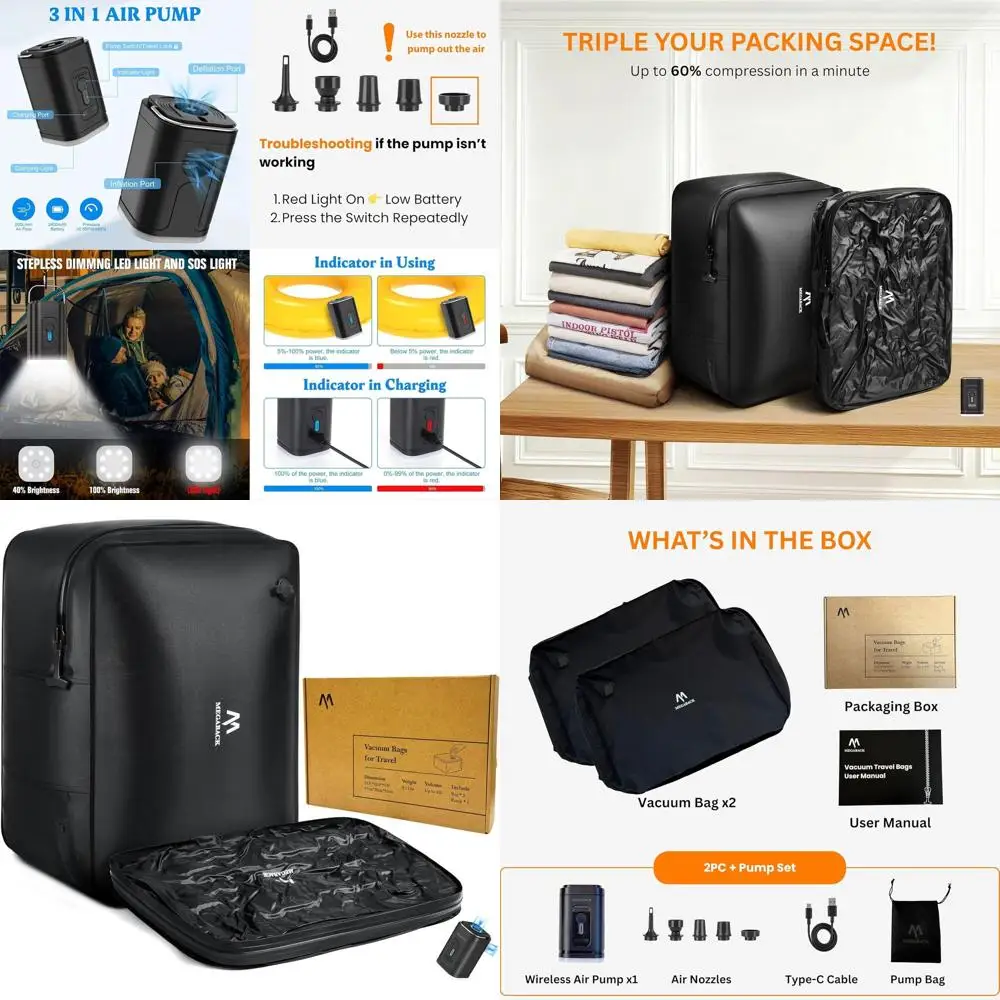 Вакуумные компрессионные пакеты для путешествий - многоразовые, водонепроницаемые, с верхним открытием, подходят для багажа 20-28 дюймов (2 шт. + насос, 43 л)
Вакуумные компрессионные пакеты для путешествий - многоразовые, водонепроницаемые, с верхним открытием, подходят для багажа 20-28 дюймов (2 шт. + насос, 43 л)