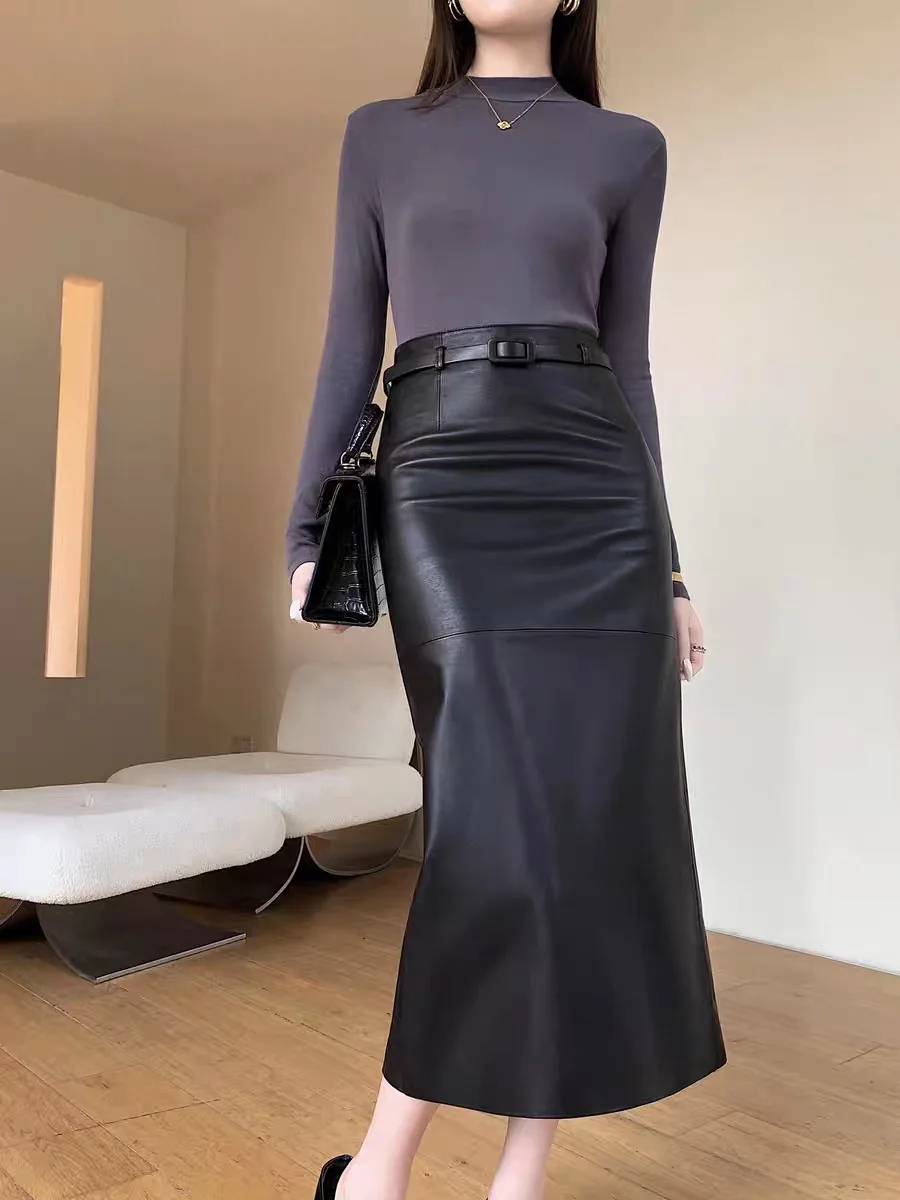 Women's Ankle Long Leather Skirt with Waist Belt Female Soft genuine Leather Back Split Straight Jupe Slimming 85cm Maxi Faldas
Women's Ankle Long Leather Skirt with Waist Belt Female Soft genuine Leather Back Split Straight Jupe Slimming 85cm Maxi Faldas