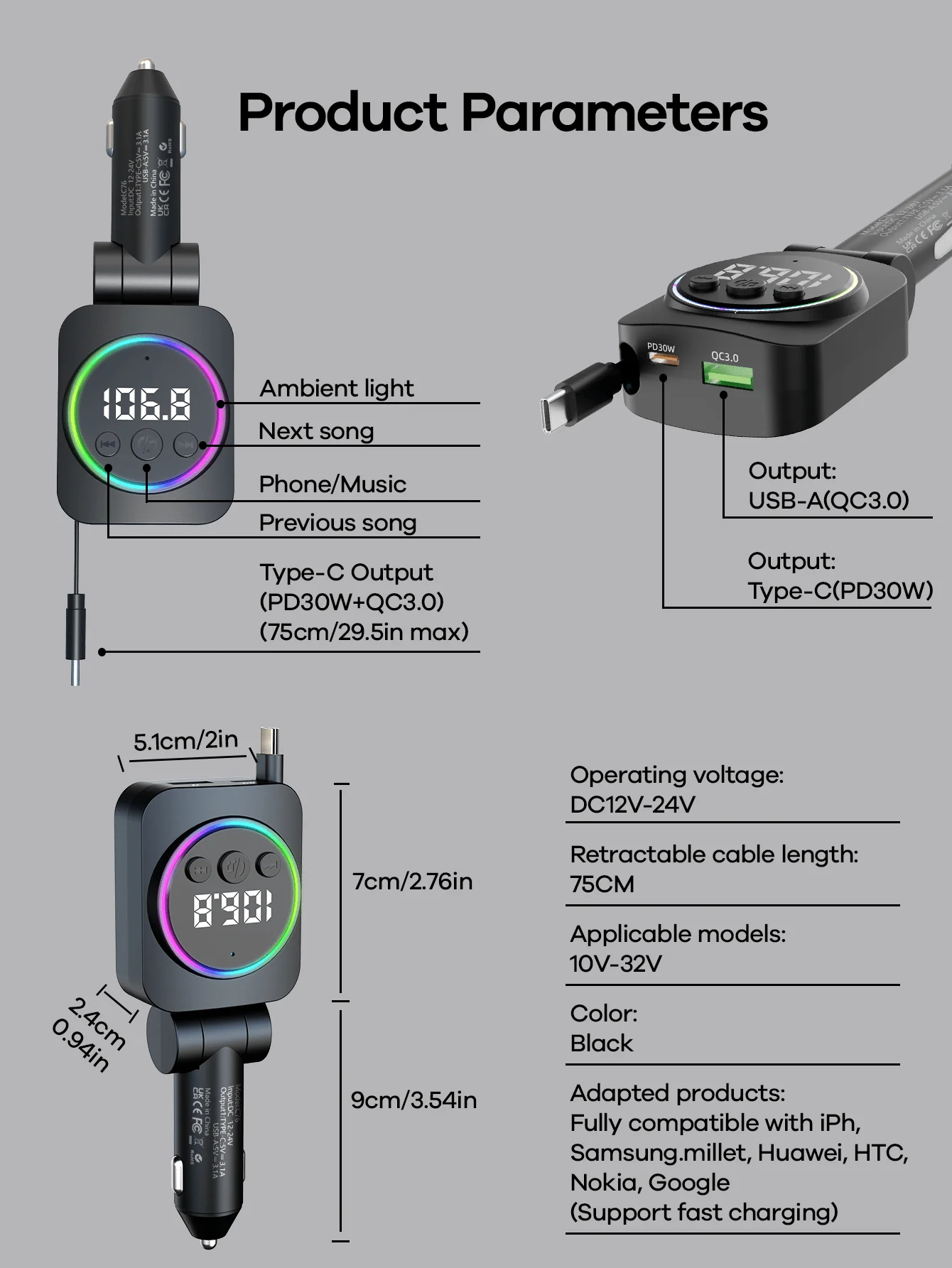 Bluetooth Car Charger With RGB Lights PD30W Fast Charging BT5.3 Hands-Free Call Music Type-C Compatible Android
Bluetooth Car Charger With RGB Lights PD30W Fast Charging BT5.3 Hands-Free Call Music Type-C Compatible Android