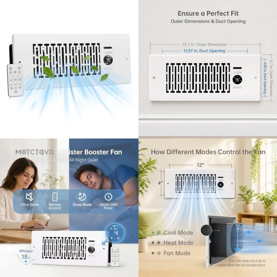 Smart Register Booster Fan for 4" x 12" Vents, Thermostat Control Improves Heating/Cooling, 10-Speed Quiet Vent Fan Booster wit
Smart Register Booster Fan for 4" x 12" Vents, Thermostat Control Improves Heating/Cooling, 10-Speed Quiet Vent Fan Booster wit