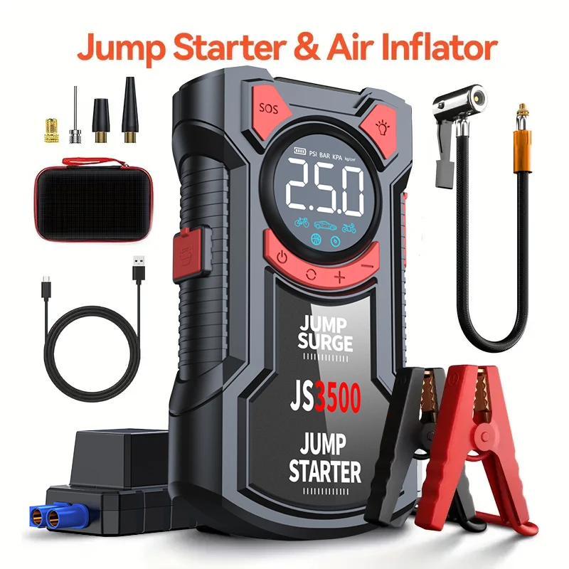 5-in-1 Jump Starter with Air Pump 5000A Peak Starter Box 150PSI Battery Pack with Digital Tire Inflator Car Battery Jump Starter
5-in-1 Jump Starter with Air Pump 5000A Peak Starter Box 150PSI Battery Pack with Digital Tire Inflator Car Battery Jump Starter