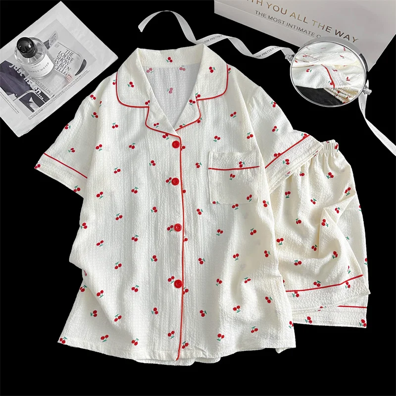 Summer Short Sleeve Sleepwear Women's Bubble Gauze Pleated Cardigan Sweet Little Cherry Thin Home Clothes Set Casual Style 19 Scc018261a34f46169ff0dad4a4349b9fc