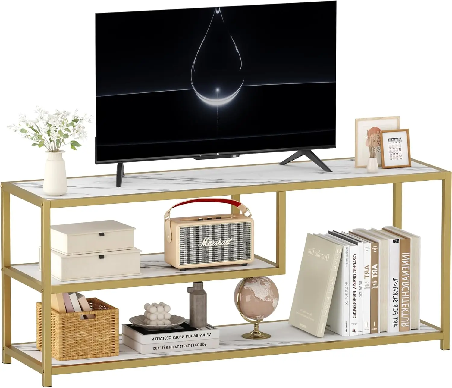 Modern 3-Tier TV Stand for 55-Inch TVs, Gold Metal Legs with Faux Marble Top, Open Storage Shelves
Modern 3-Tier TV Stand for 55-Inch TVs, Gold Metal Legs with Faux Marble Top, Open Storage Shelves