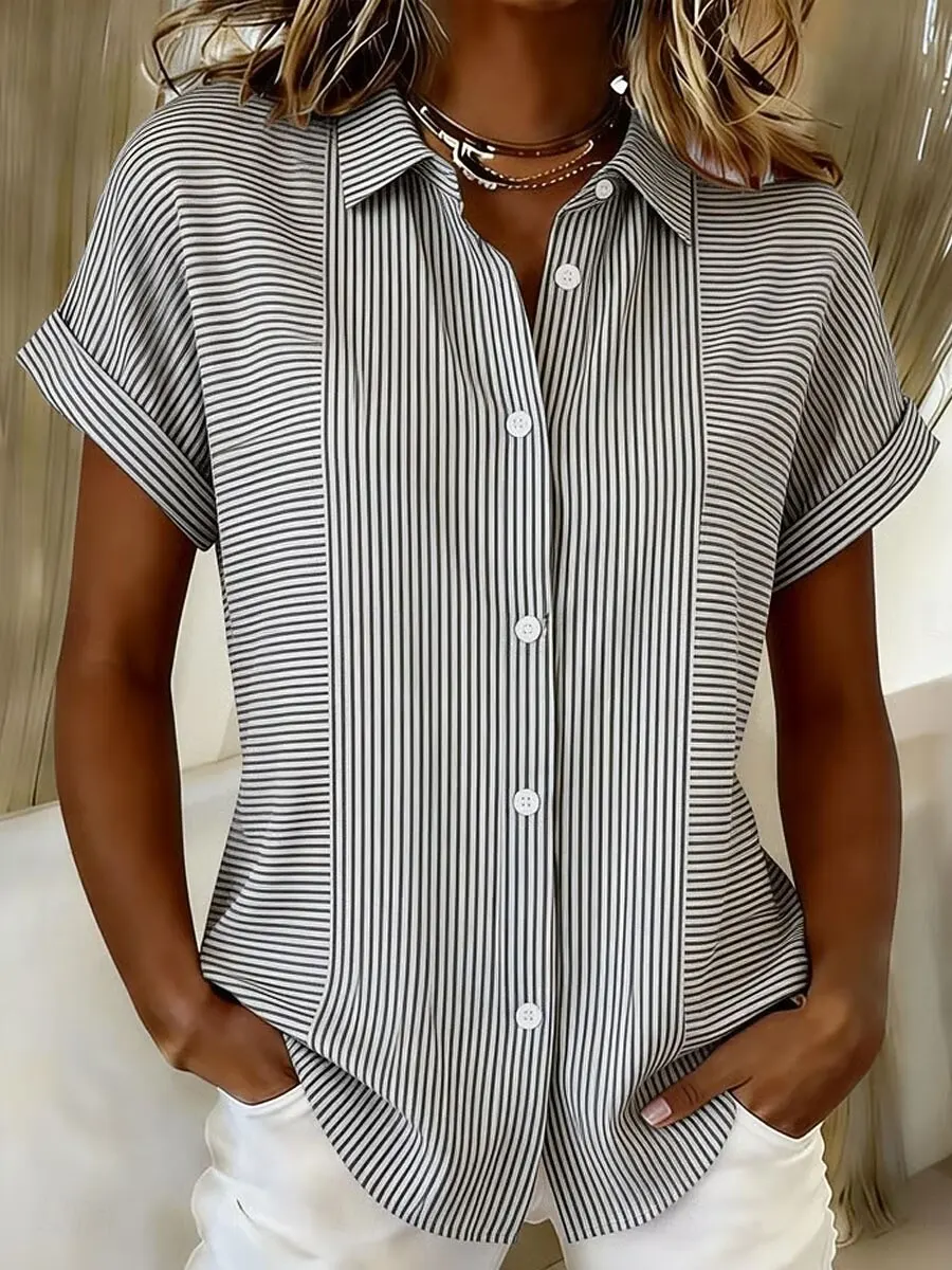Women's Vintage Striped Graphic Print Collared Button Short Sleeve Casual Stylish Black Daily Tops Fashion for Spring Summer
Women's Vintage Striped Graphic Print Collared Button Short Sleeve Casual Stylish Black Daily Tops Fashion for Spring Summer