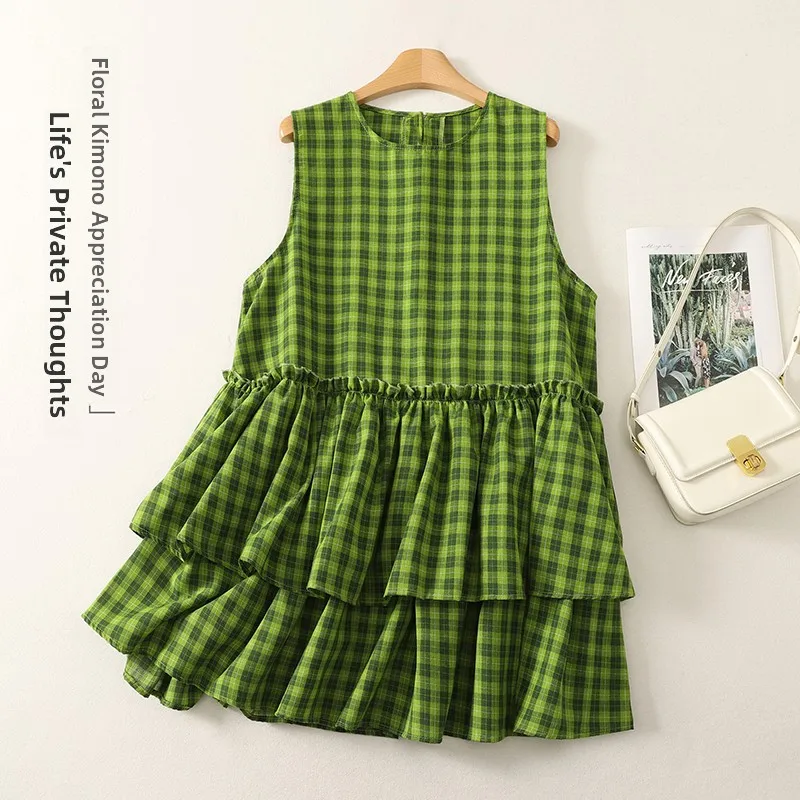 Loose Fit Short Sleeveless Green Plaid round Neck Thin Cotton Polyester Blend Women's Summer Shirt Versatile Style Comfortable
Loose Fit Short Sleeveless Green Plaid round Neck Thin Cotton Polyester Blend Women's Summer Shirt Versatile Style Comfortable