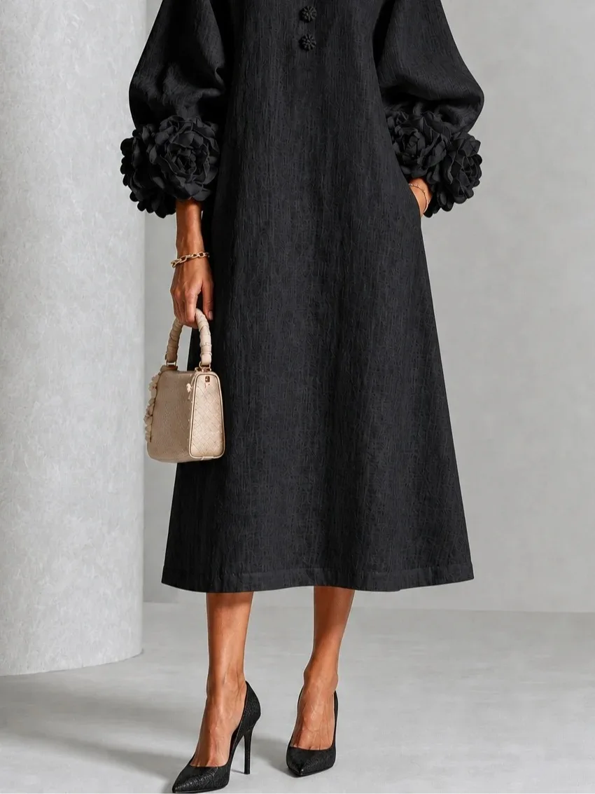 Elegant Women Linen Midi Dress O Neck 3D Floral Lantern Sleeve Button Loose Straight Long Dress Modest Casual Party Dresses 73 Scc058560b7334800925cbed9553d2c844