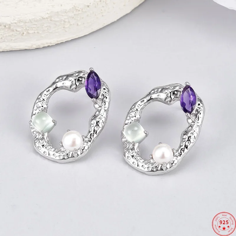 S925 Sterling Silver Hoop Earrings for Women Irregular Meteorite Hole Inaid Amethyst Prehnite Pearl Ear Hoop Jewelry Wholesale
S925 Sterling Silver Hoop Earrings for Women Irregular Meteorite Hole Inaid Amethyst Prehnite Pearl Ear Hoop Jewelry Wholesale