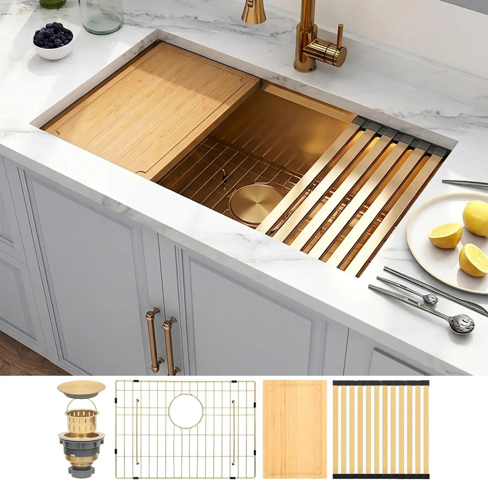 23x18 Inch Undermount Single Bowl Stainless Steel Kitchen Sink With Bamboo Cutting Board, Grid, Drain Strainer And Slatted Rack
23x18 Inch Undermount Single Bowl Stainless Steel Kitchen Sink With Bamboo Cutting Board, Grid, Drain Strainer And Slatted Rack
