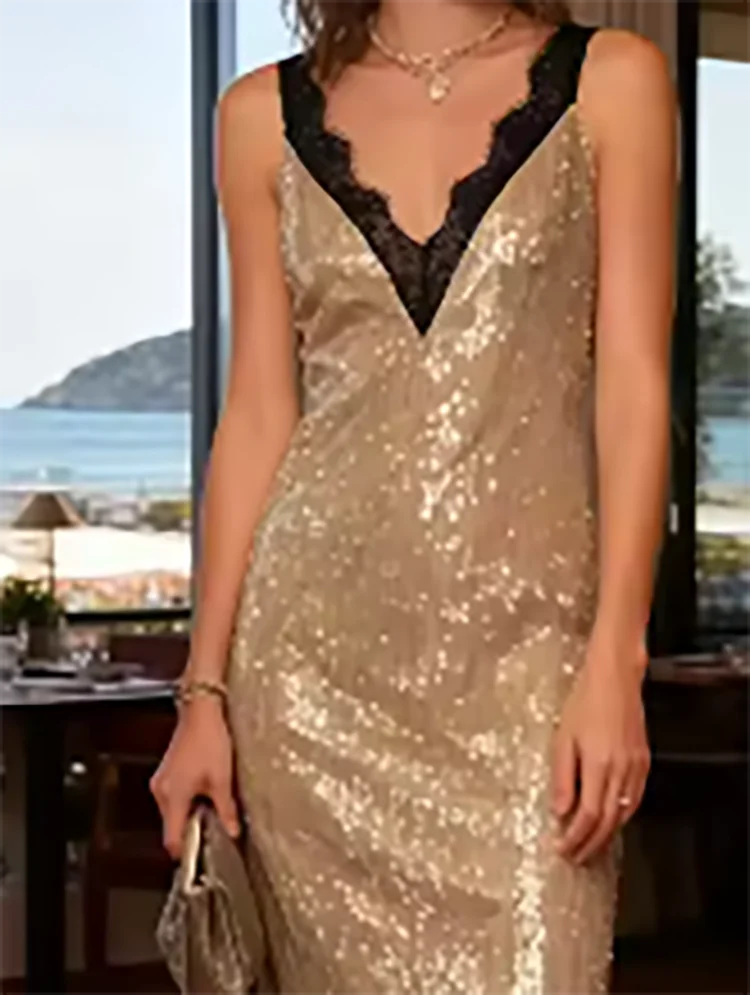 Casual Lace Patchwork Loose Long Dress Sexy Sleeveless Design Holiday Dress Mujer Fashion Sequin Camisole Women's Banquet Dress
Casual Lace Patchwork Loose Long Dress Sexy Sleeveless Design Holiday Dress Mujer Fashion Sequin Camisole Women's Banquet Dress