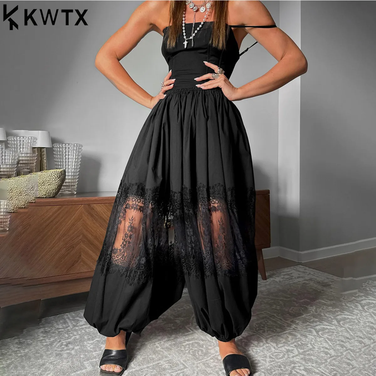 KT Women Thin Strap Lace See-Through Jumpsuit Romper Bloomer Wide Leg Pants Sweet Cool Hot Girl Y2K Party Night Club 2026 Spring
KT Women Thin Strap Lace See-Through Jumpsuit Romper Bloomer Wide Leg Pants Sweet Cool Hot Girl Y2K Party Night Club 2026 Spring