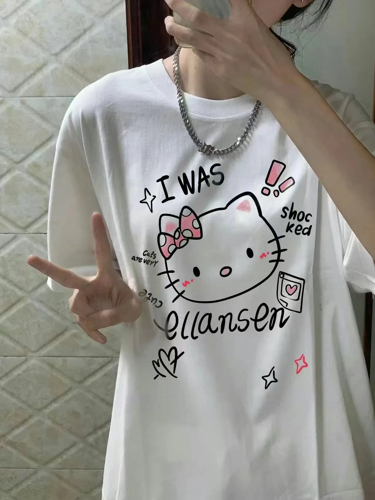 White High-quality Short Sleeved Women Clothes Summer Campus Style Cute Girl Hello Kitty Student Cotton Loose Fit Slimming Tops
White High-quality Short Sleeved Women Clothes Summer Campus Style Cute Girl Hello Kitty Student Cotton Loose Fit Slimming Tops