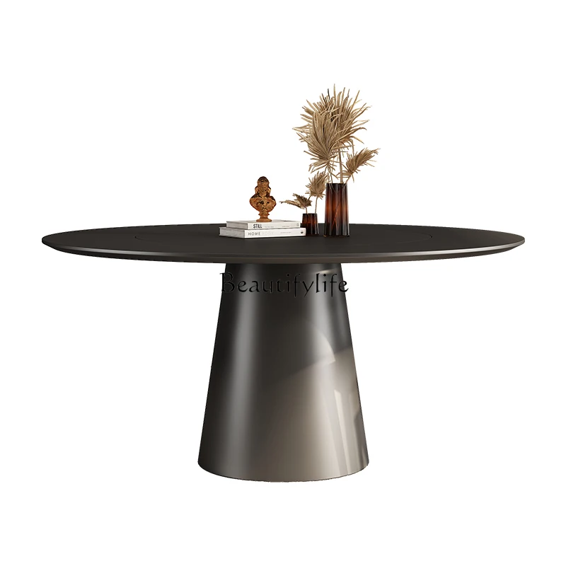 Italian minimalist round rock slab dining table with inlaid turntable pure black round table
Italian minimalist round rock slab dining table with inlaid turntable pure black round table