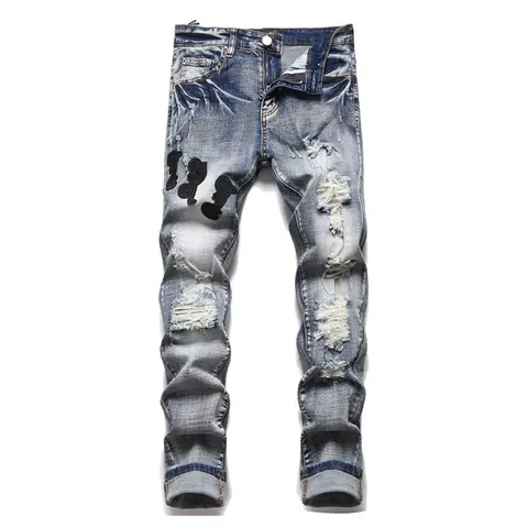 Jeans da uomo primavera estate retrò buco blu punk slim elasticizzati applicazioni piedi piccoli jeans di marca casual moda hip-hop di alta strada
