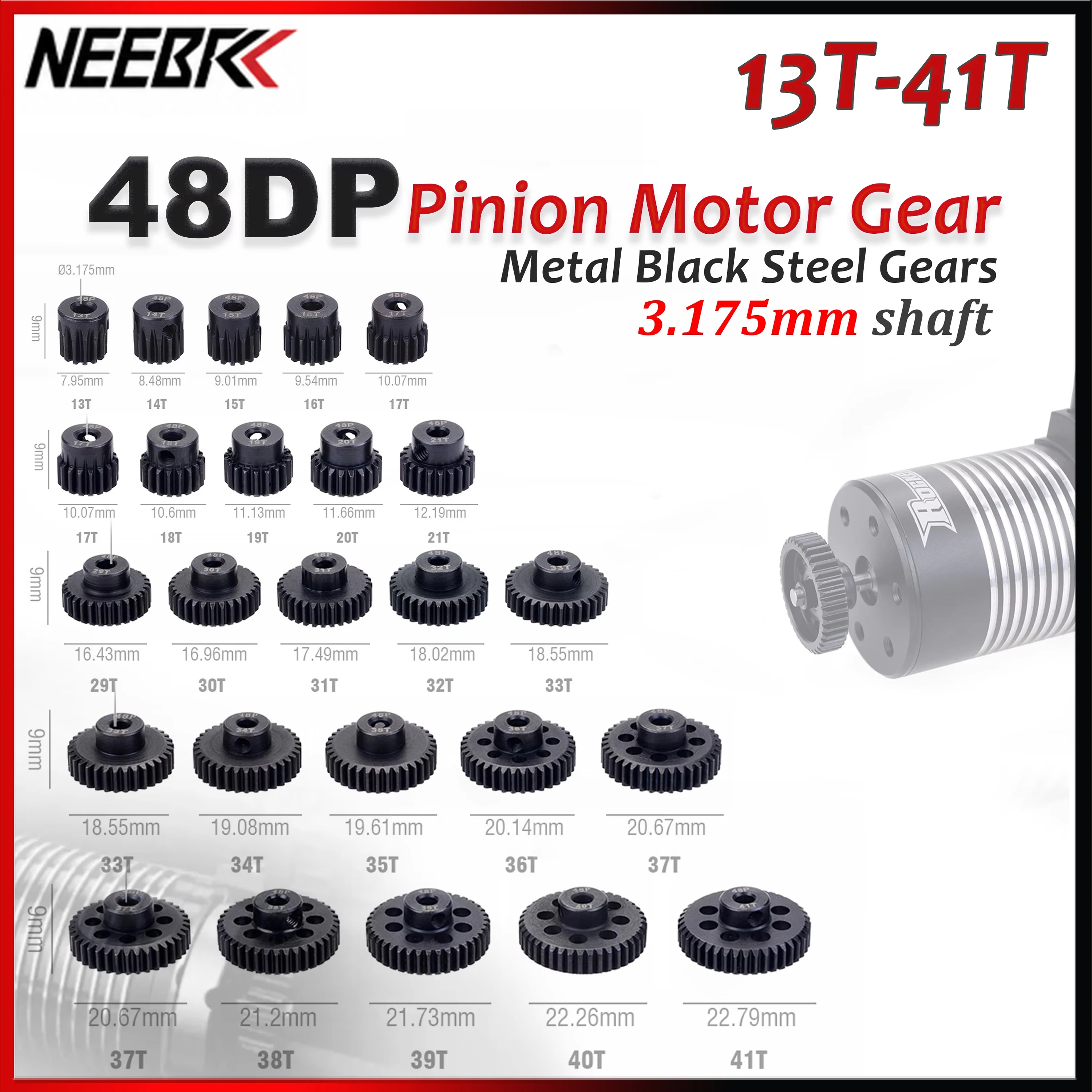 48DP 3.175mm Metal Pinion Motor Gear 13T-15T 16T-18T 19T-21T 21T-23T 24T-26T 28T 30T-32T 33T-35T 36T-38T 39T-41T for 1/10 RC Car
48DP 3.175mm Metal Pinion Motor Gear 13T-15T 16T-18T 19T-21T 21T-23T 24T-26T 28T 30T-32T 33T-35T 36T-38T 39T-41T for 1/10 RC Car