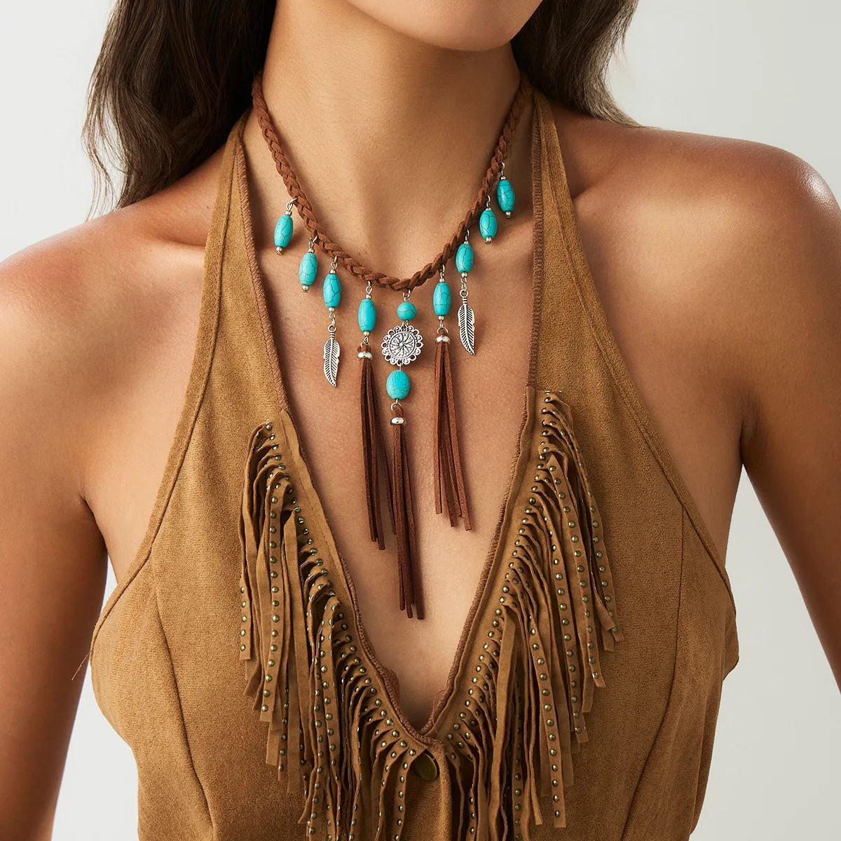 Ethnic Style Women Leaf Choker Woven Rope Leather Tassel Turquoise Stone Necklace Feather Pendant Retro Bohemian Necklace
Ethnic Style Women Leaf Choker Woven Rope Leather Tassel Turquoise Stone Necklace Feather Pendant Retro Bohemian Necklace