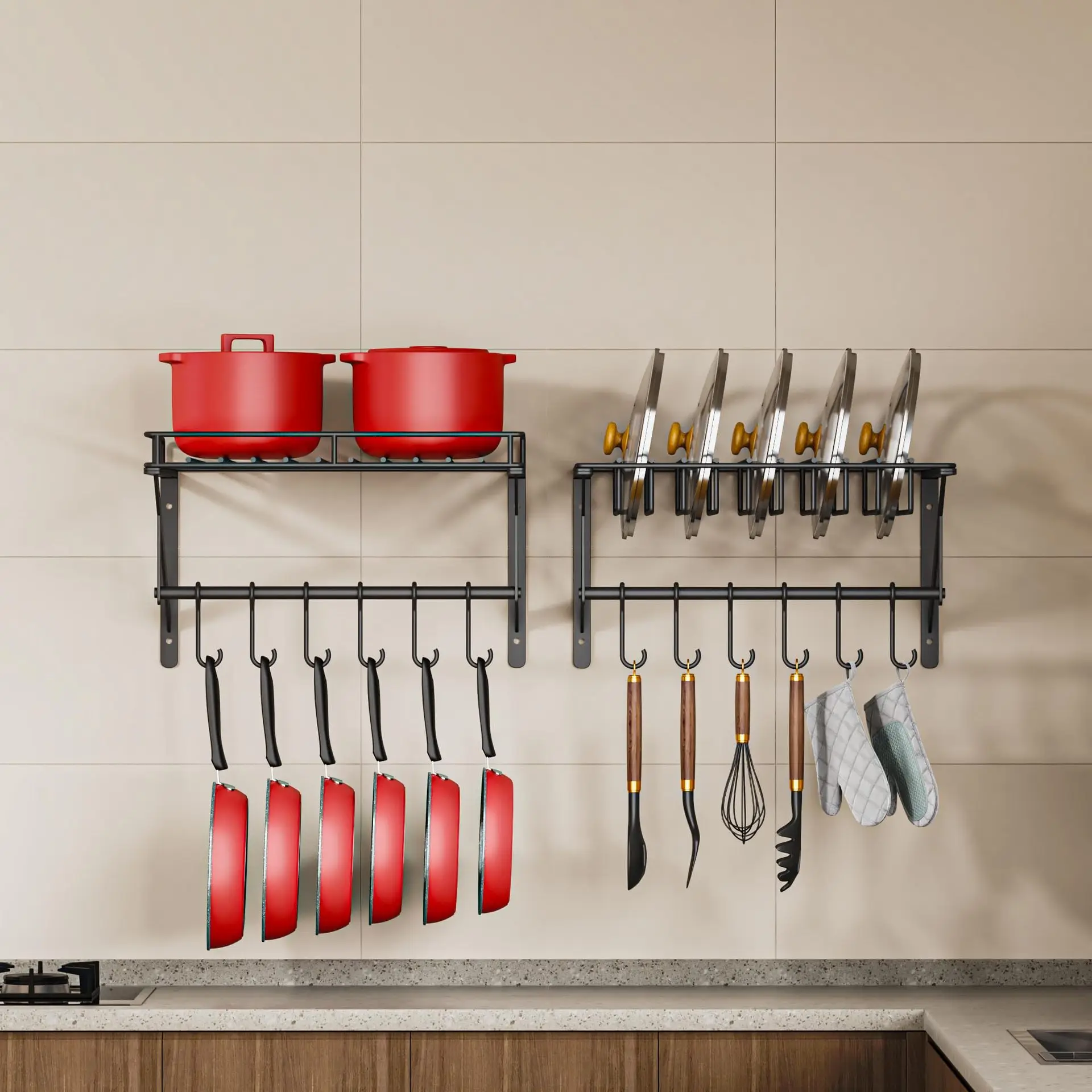 #Metal Wall-Mounted Pot Rack with Hooks and Shelf for Kitchen Lid Storage
#Metal Wall-Mounted Pot Rack with Hooks and Shelf for Kitchen Lid Storage