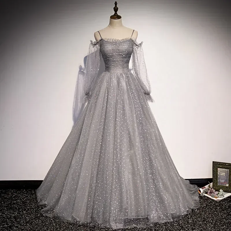 Customized Evening Dress Gray Bling Spaghetti Strap A-Line Full Sleeves Floor-Length Plus size Woman Party Formal Gown B1606
Customized Evening Dress Gray Bling Spaghetti Strap A-Line Full Sleeves Floor-Length Plus size Woman Party Formal Gown B1606