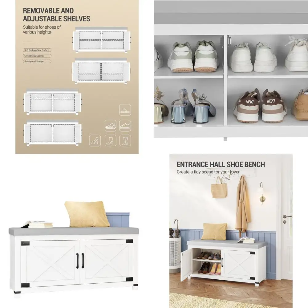 2-Tier Padded Entryway Shoe Bench with Barn Doors & Adjustable Shelf, White SB26603GY
2-Tier Padded Entryway Shoe Bench with Barn Doors & Adjustable Shelf, White SB26603GY