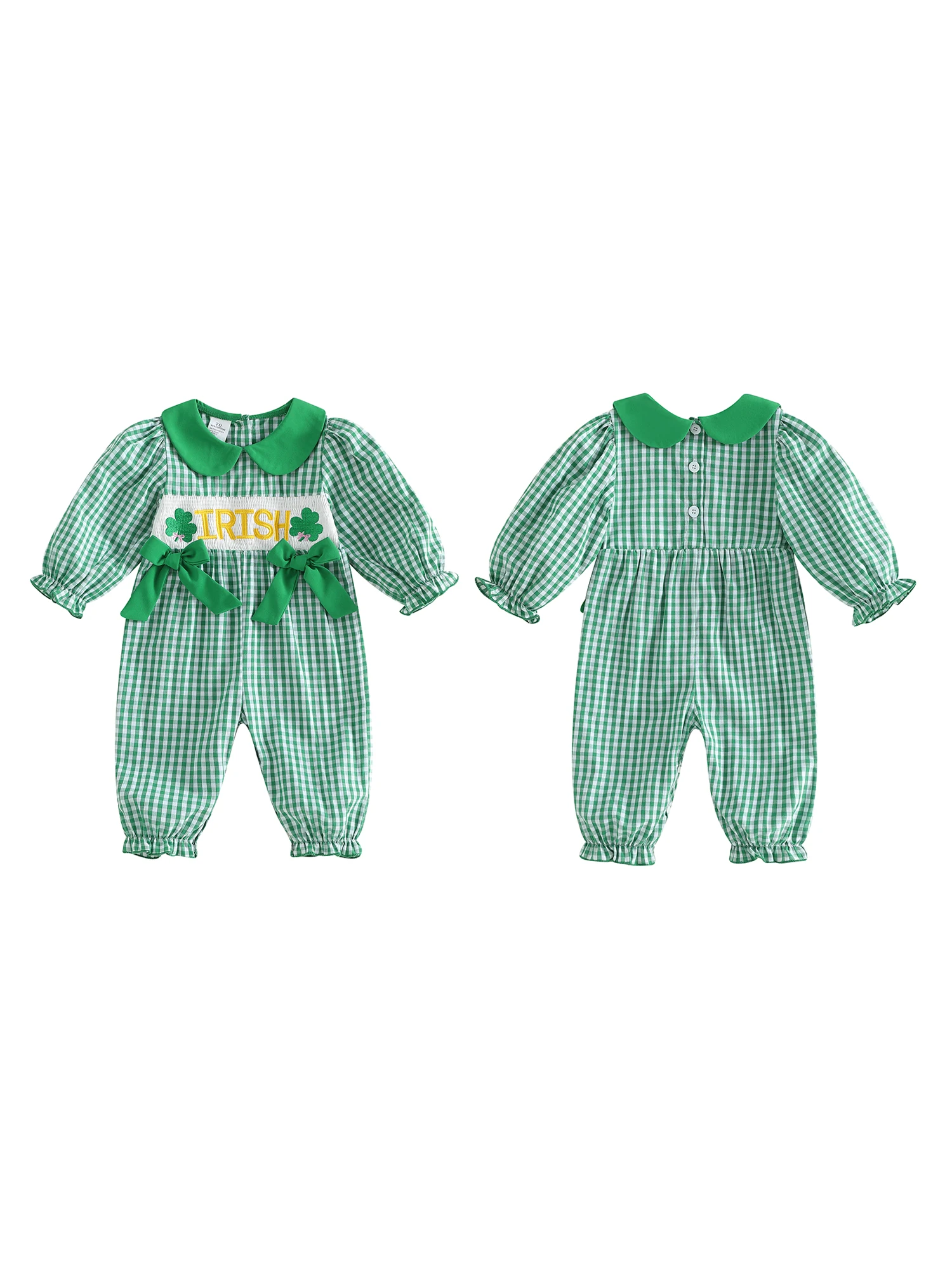 Зеленый комбинезон в клетку для маленьких мальчиков с вышивкой клевера ко Дню Святого Патрика, комбинезон с длинными рукавами и воротником Питер Пэн, комбинезон с бантом
Зеленый комбинезон в клетку для маленьких мальчиков с вышивкой клевера ко Дню Святого Патрика, комбинезон с длинными рукавами и воротником Питер Пэн, комбинезон с бантом