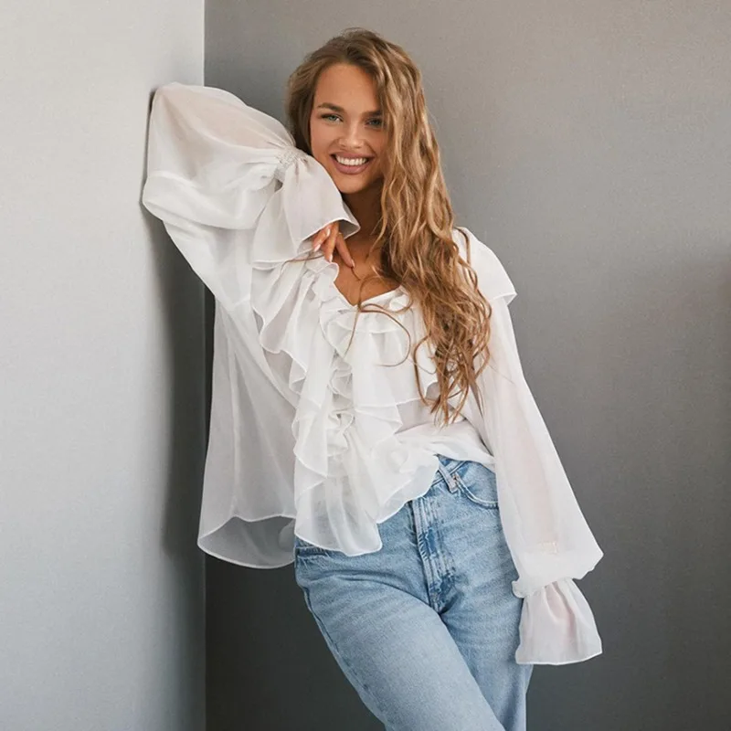 Shpmishal, осень 2023, белая шифоновая рубашка с цветочным краем для женщин, свободный стиль, расклешенный рукав, v-образный вырез, верхний топ
Shpmishal, осень 2023, белая шифоновая рубашка с цветочным краем для женщин, свободный стиль, расклешенный рукав, v-образный вырез, верхний топ