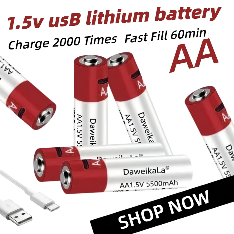 USB Rechargeable AA Batteries 1.5V5500mAh Li-Ion Battery with Charging Cable for Toys MP3 Thermometer Keyboard Watch Flashlight
USB Rechargeable AA Batteries 1.5V5500mAh Li-Ion Battery with Charging Cable for Toys MP3 Thermometer Keyboard Watch Flashlight