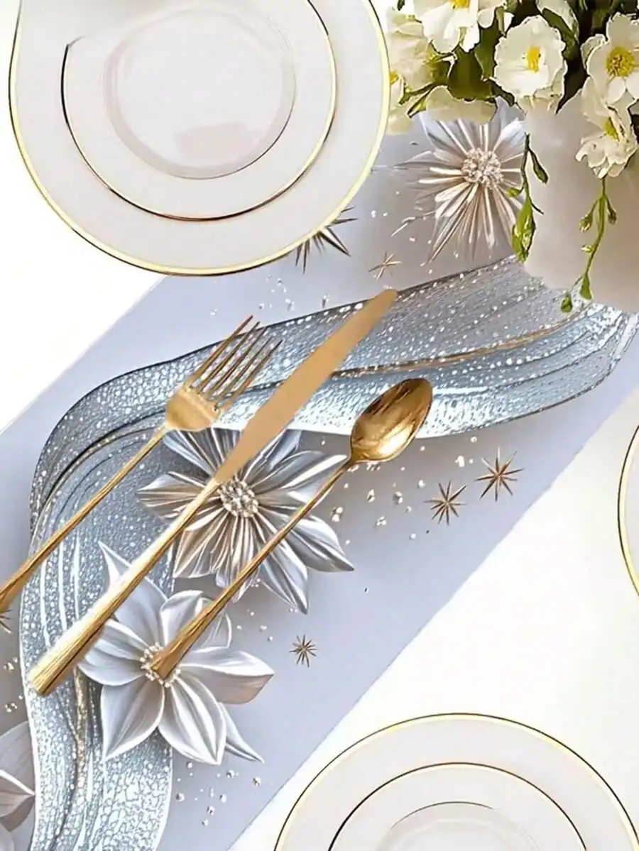 1pc Silver-White Shiny Floral Decor With Silver Wavy Element Star Pattern Tablecloth, Minimalist Yet Elegant, Whole Design
1pc Silver-White Shiny Floral Decor With Silver Wavy Element Star Pattern Tablecloth, Minimalist Yet Elegant, Whole Design