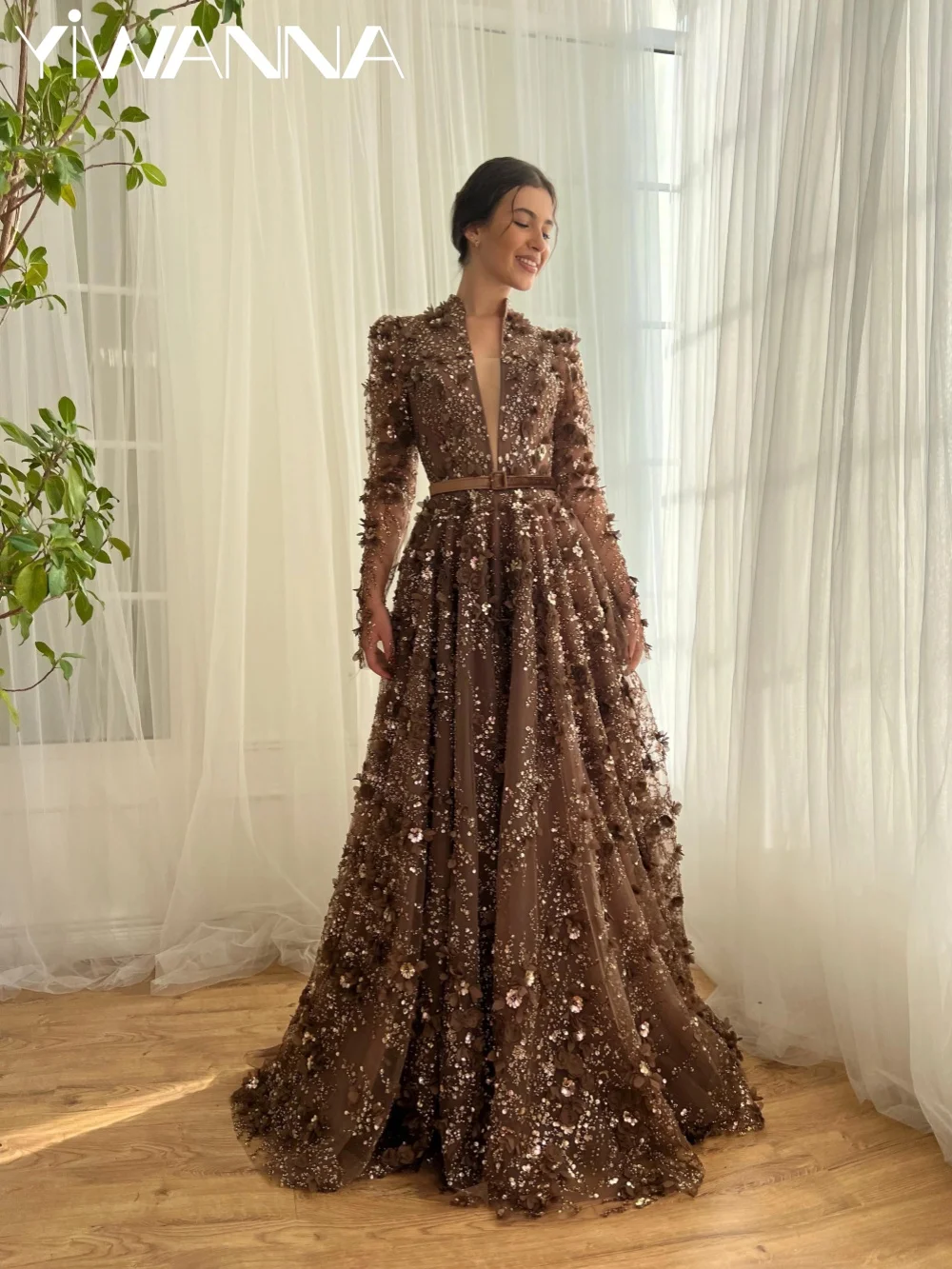 Brown Embroidery A-line Long Evening Dress Exquisite Beaded 3D Floral Wedding Party Gown Customized V-neck Gowns For Women
Brown Embroidery A-line Long Evening Dress Exquisite Beaded 3D Floral Wedding Party Gown Customized V-neck Gowns For Women