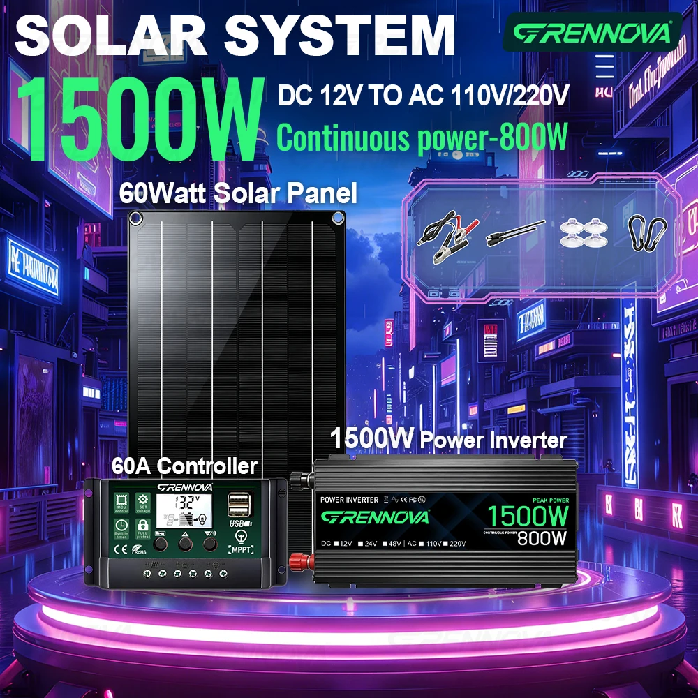 Portable Solar System Kit 60W Panel 60A Controller Inverter 1500W (750W Continuous) 12V To 110V 220V for Charging Phones Laptops
Portable Solar System Kit 60W Panel 60A Controller Inverter 1500W (750W Continuous) 12V To 110V 220V for Charging Phones Laptops