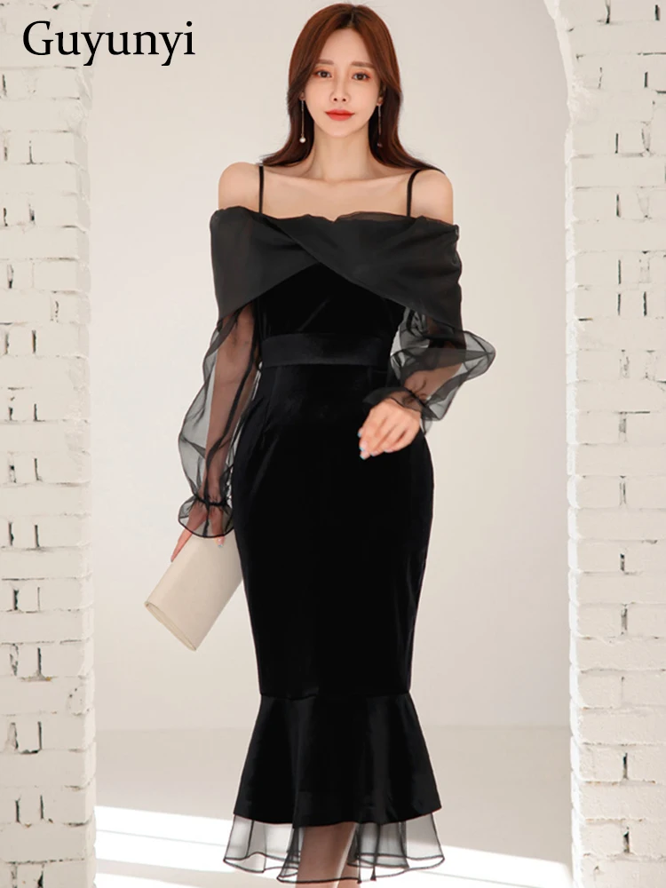 Sexy Tight Velvet Dress Spring Black Off Shoulder Strap Perspective Full Sleeve High Waist Fishtail Hem Elegant Party Dress
Sexy Tight Velvet Dress Spring Black Off Shoulder Strap Perspective Full Sleeve High Waist Fishtail Hem Elegant Party Dress
