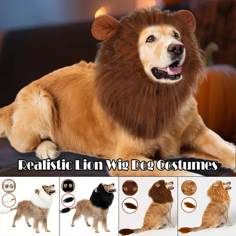 Halloween Pet Dog Cosplay Clothes Cute Realistic Lion Mane Wig Tail For Medium Large Dogs Costume With Ear Pet Accessories