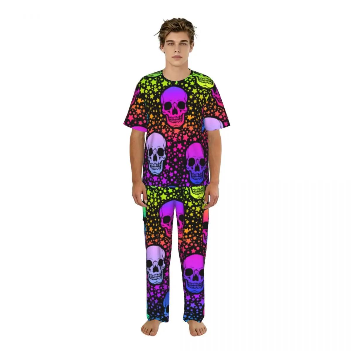 Men's Pajamas Set Summer Short-Sleeve Tops + Long Pants Nightwear Home Wear Suits Neon Skulls And Stars Sleepwear
Men's Pajamas Set Summer Short-Sleeve Tops + Long Pants Nightwear Home Wear Suits Neon Skulls And Stars Sleepwear