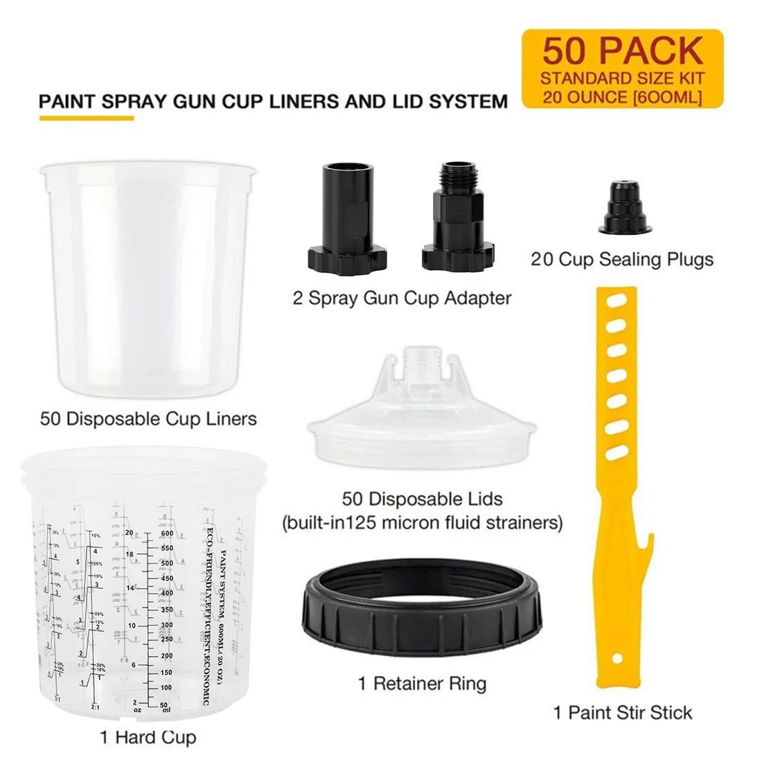 50 Pack 600ML Disposable Paint Spray Gun Cup Liners & Lid System Kit 20oz Paint Mixing Cups with Strainer Lids Adapters Sealing Plugs Retainer Ring Stir Stick for Auto Car Paint Sprayer
50 Pack 600ML Disposable Paint Spray Gun Cup Liners & Lid System Kit 20oz Paint Mixing Cups with Strainer Lids Adapters Sealing Plugs Retainer Ring Stir Stick for Auto Car Paint Sprayer