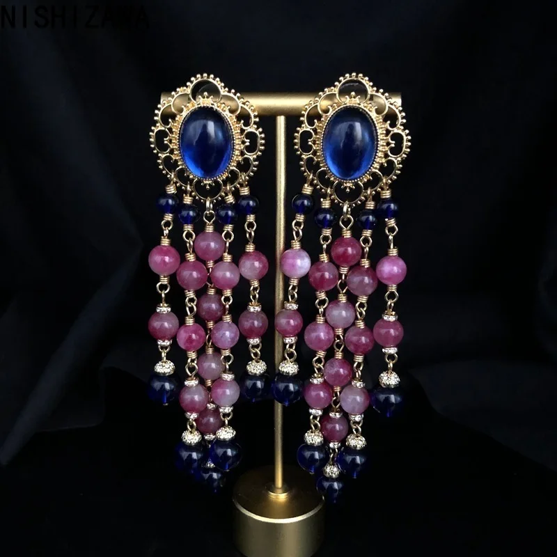 NISHIZAWA Blue Azure Stones Earrings for Women Long Tassels Vintage Palace Style Jewelry Fashion Hyperbole Pendientes Mujer
NISHIZAWA Blue Azure Stones Earrings for Women Long Tassels Vintage Palace Style Jewelry Fashion Hyperbole Pendientes Mujer