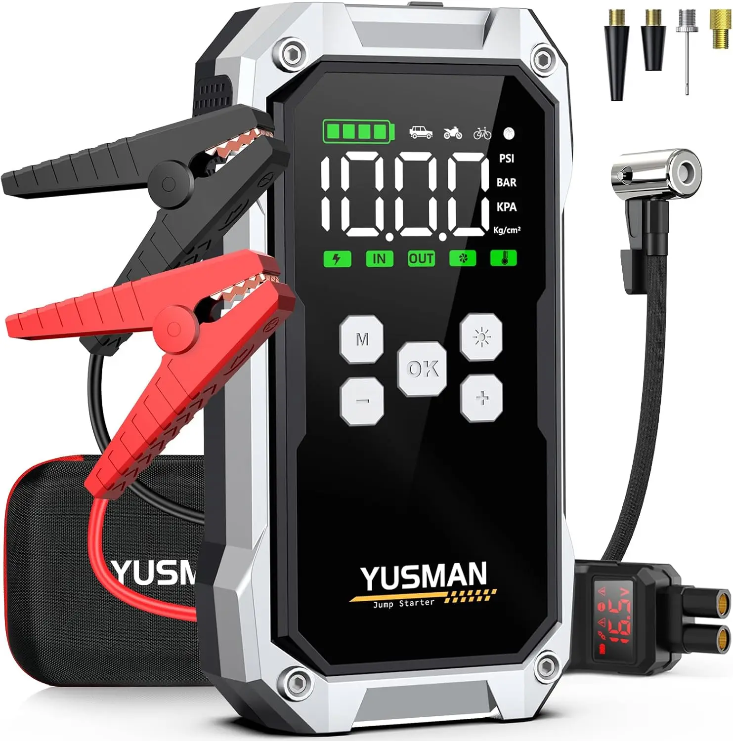 8000A Car Jump Starter with Air Compressor, 150PSI Tire Inflator, Power Bank & LED Flashlight
8000A Car Jump Starter with Air Compressor, 150PSI Tire Inflator, Power Bank & LED Flashlight