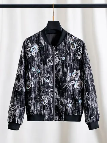 Veste bombardier noire de luxe avec strass et perles pour femme, coupe ample, fermeture éclair, manteau de Baseball, paillettes, cristal, vêtements d'extérieur, printemps automne