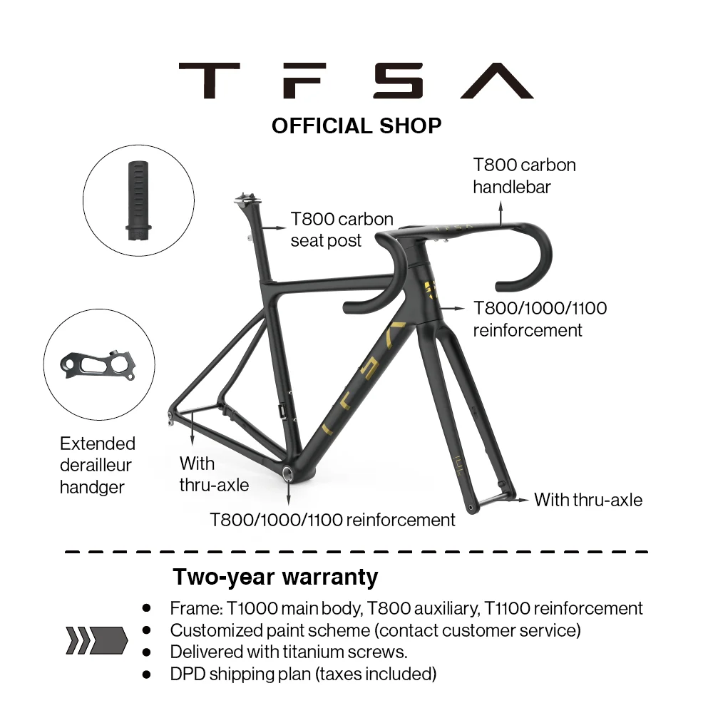 TFSA JH-35 Lightweight T1000 Carbon Disc Brake Carbon Frame 700g Frame suitable for Di2 group BSA Bottom Bracket With Handlebar
TFSA JH-35 Lightweight T1000 Carbon Disc Brake Carbon Frame 700g Frame suitable for Di2 group BSA Bottom Bracket With Handlebar