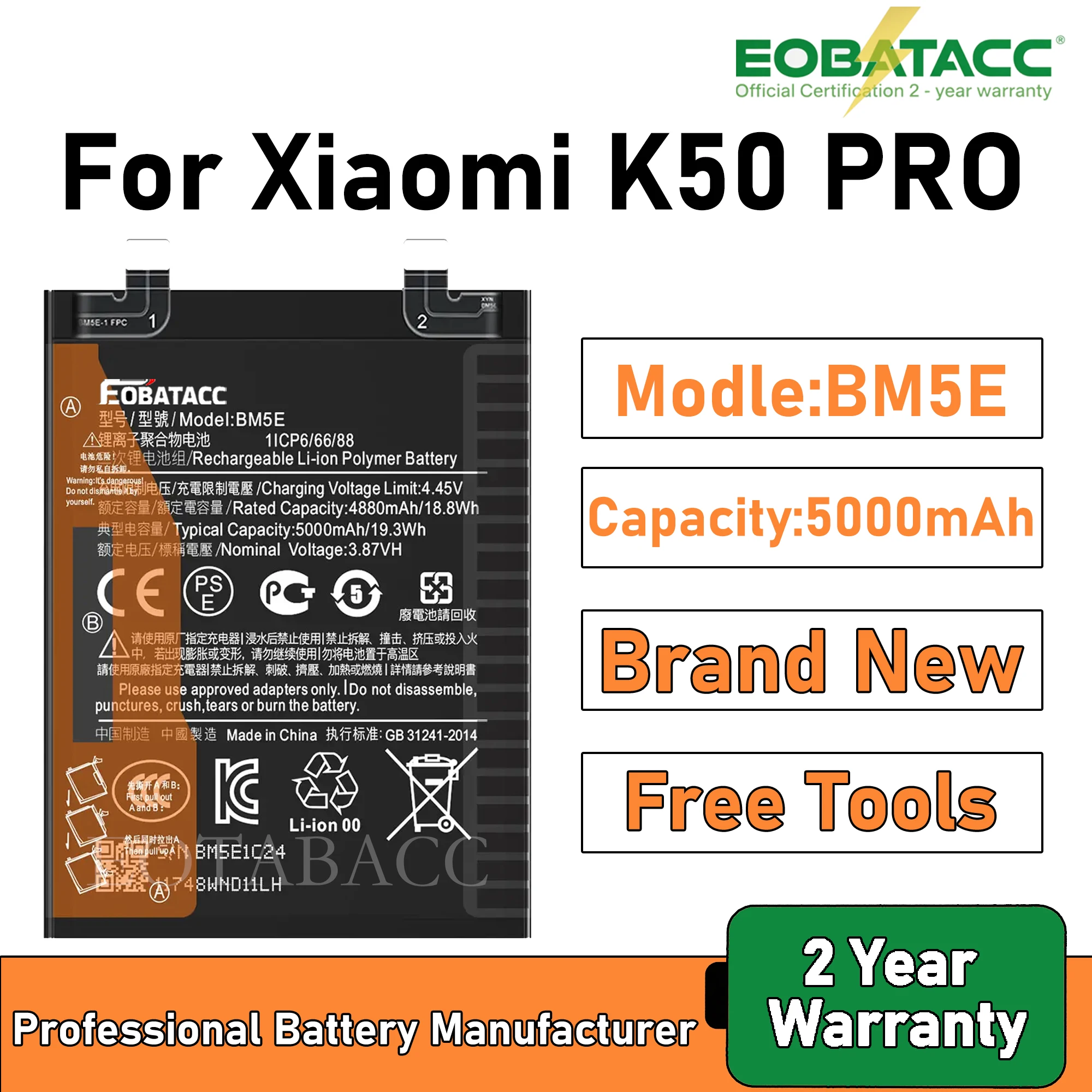 2025 Years EOBATACC 100% New BM5E Battery For Xiaomi K50 PRO 5000mAh Batteries+Free Tools
2025 Years EOBATACC 100% New BM5E Battery For Xiaomi K50 PRO 5000mAh Batteries+Free Tools